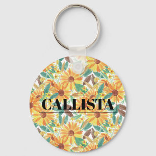 Yellow Summer Sunflower Watercolor Monogram Keychain