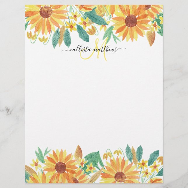 Yellow Summer Sunflower Watercolor Monogram Letterhead (Front)