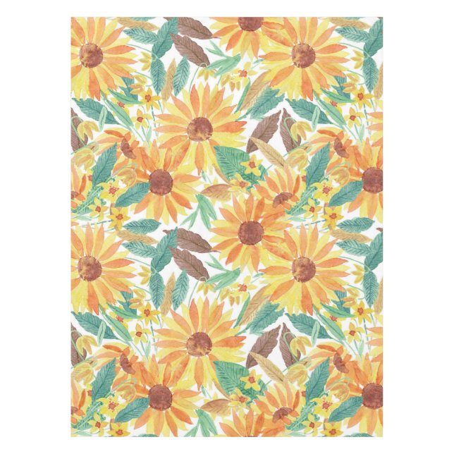 Yellow Summer Sunflower Watercolor Pattern Tablecloth (Front)