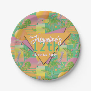 Yellow Summer Vaporwave Sunset Birthday Paper Plate