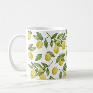 Yellow summer watercolor lemons with green leaves coffee mug