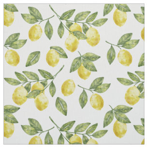 Yellow summer watercolor lemons with green leaves fabric