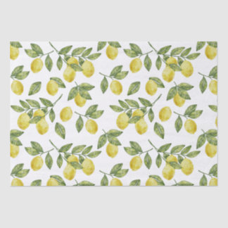 Yellow summer watercolor lemons with green leaves tissue paper