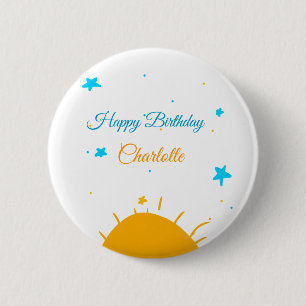 Yellow sun blue stars happy birthday add name text 2 inch round button