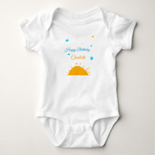 Yellow sun blue stars happy birthday add name text baby bodysuit