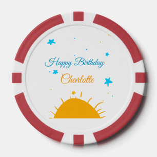 Yellow sun blue stars happy birthday add name text poker chips