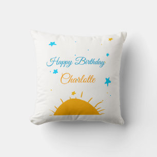 Yellow sun blue stars happy birthday add name text throw pillow