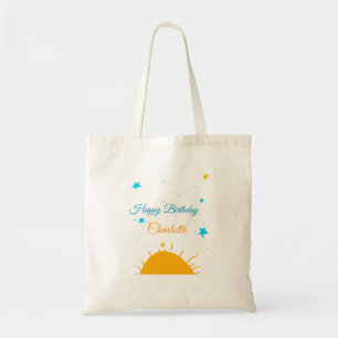 Yellow sun blue stars happy birthday add name text tote bag