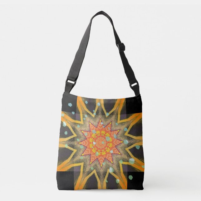 Yellow Sun & Green Stars on Black Crossbody Bag (Front)