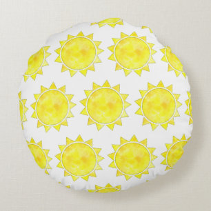 Yellow Sun Watercolor Pattern Round Pillow