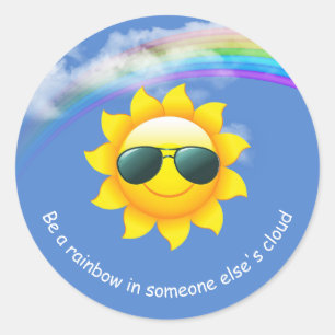 yellow sun with sunglasses and rainbow classic round sticker