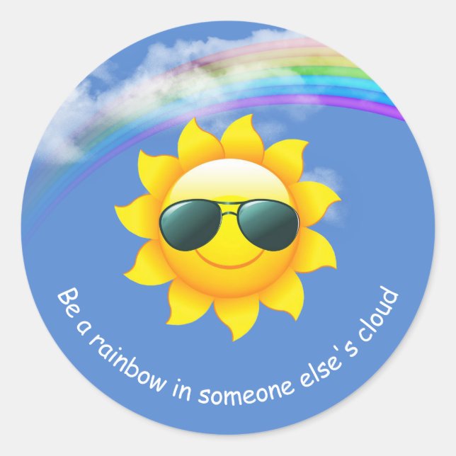 yellow sun with sunglasses and rainbow classic round sticker (Front)