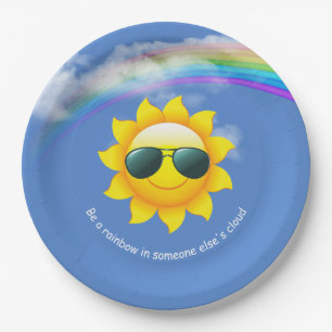 yellow sun with sunglasses and rainbow paper plate