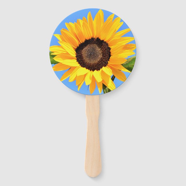Yellow Sunflower Against Sun on Blue Sky Hand Fan (Front)