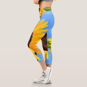Yellow Sunflower Against Sun on Blue Sky - Summer Capri Leggings