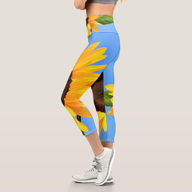 Yellow Sunflower Against Sun on Blue Sky - Summer  Capri Leggings (Left)
