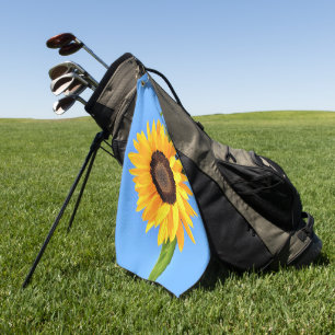Yellow Sunflower Against Sun on Blue Sky - Summer Golf Towel