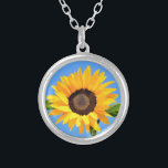 Yellow Sunflower Against Sun on Blue Sky - Summer  Silver Plated Necklace<br><div class="desc">Yellow Sunflower Against Sun on Blue Sky - Summer Day - Photo Flower Nature - You can also personalize - Choose / Add Your Unique Photo - Image / Text - Name / Colour / Font / Size / more - Make Your Special Gift - Resize and move or remove...</div>