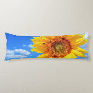 Yellow Sunflower and Bees on Blue Sky Body Pillow