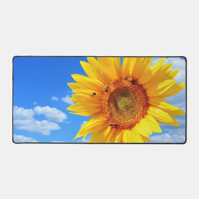 Yellow Sunflower and Bees on Blue Sky Desk Mat (Front)