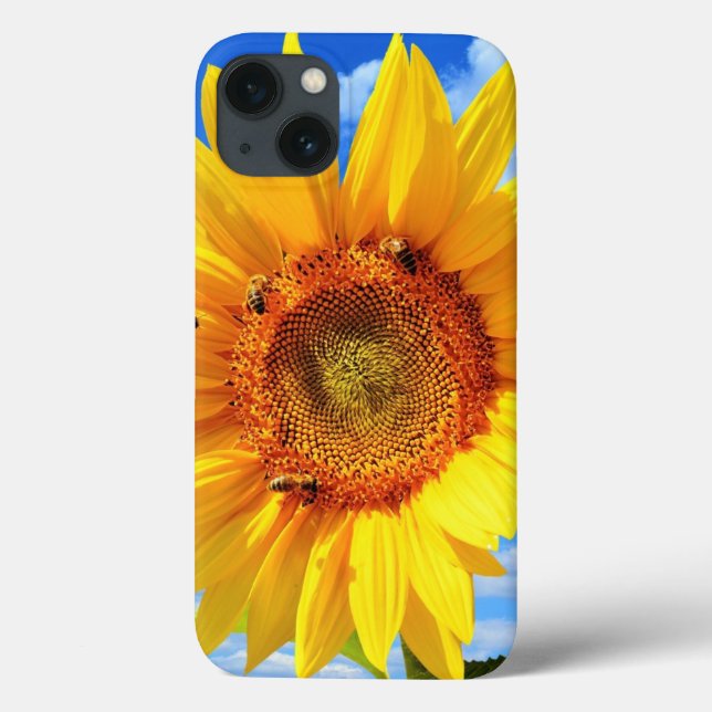 Yellow Sunflower and Bees on Blue Sky iPhone Case (Back)