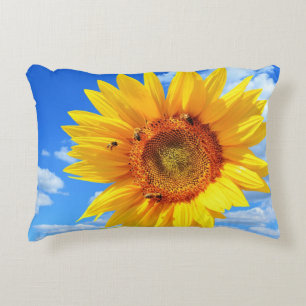 Yellow Sunflower and Bees on Blue Sky - Summer Day Accent Pillow