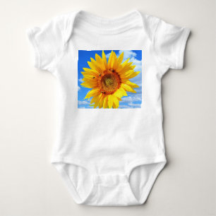 Yellow Sunflower and Bees on Blue Sky - Summer Day Baby Bodysuit