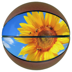 Yellow Sunflower and Bees on Blue Sky - Summer Day Basketball