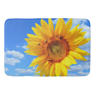 Yellow Sunflower and Bees on Blue Sky - Summer Day Bath Mat