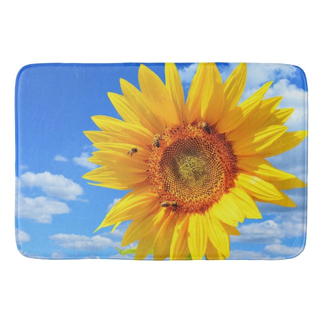 Yellow Sunflower and Bees on Blue Sky - Summer Day Bath Mat (Front)