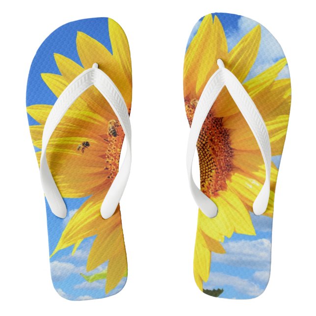 Yellow Sunflower and Bees on Blue Sky - Summer Day Flip Flops (Footbed)