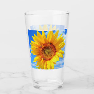 Yellow Sunflower and Bees on Blue Sky - Summer Day Glass