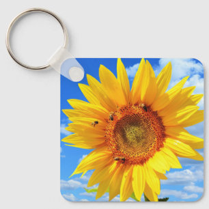 Yellow Sunflower and Bees on Blue Sky - Summer Day Keychain