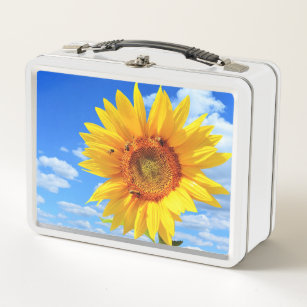 Yellow Sunflower and Bees on Blue Sky - Summer Day Metal Lunch Box