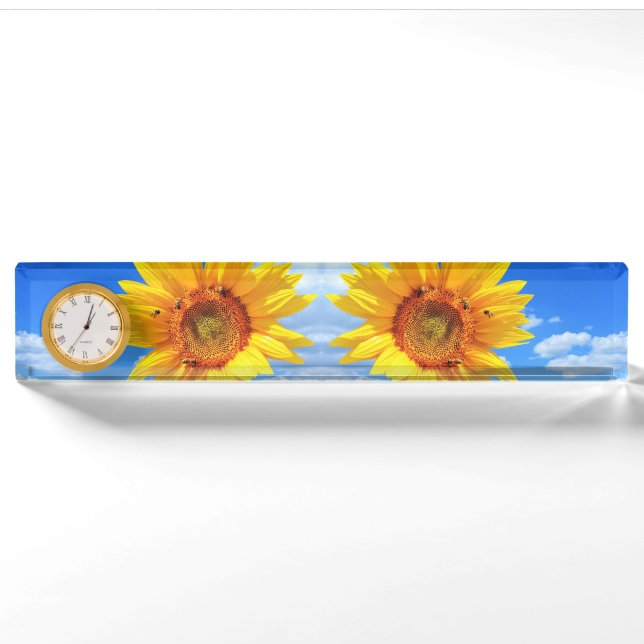 Yellow Sunflower and Bees on Blue Sky - Summer Day Nameplate (Front)