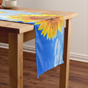 Yellow Sunflower and Bees on Blue Sky - Summer Day Short Table Runner