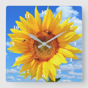 Yellow Sunflower and Bees on Blue Sky - Summer Day Square Wall Clock