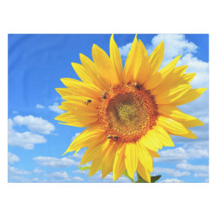Yellow Sunflower and Bees on Blue Sky - Summer Day Tablecloth