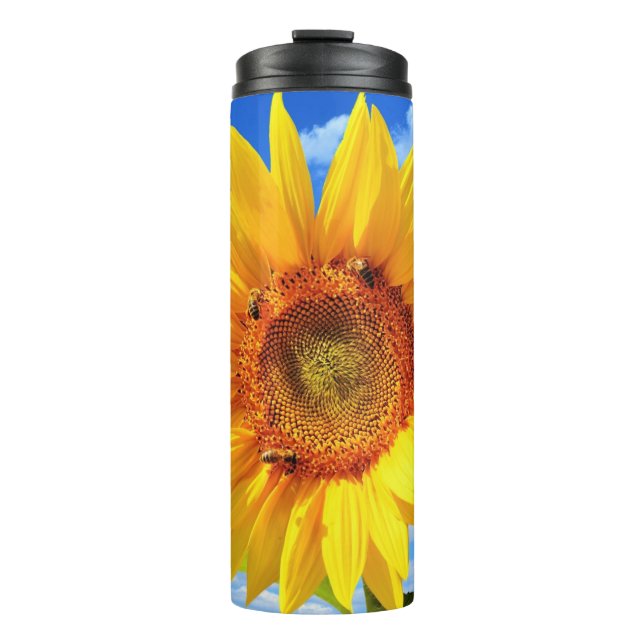 Yellow Sunflower and Bees on Blue Sky - Summer Day Thermal Tumbler (Front)