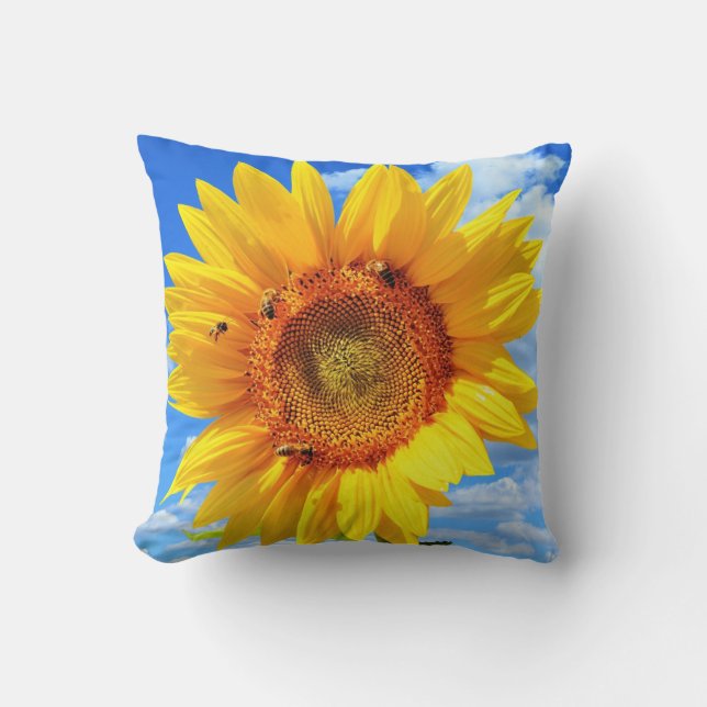 Yellow Sunflower and Bees on Blue Sky - Summer Day Throw Pillow (Front)