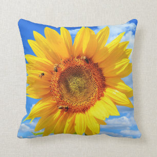 Yellow Sunflower and Bees on Blue Sky - Summer Day Throw Pillow