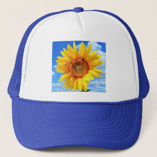 Yellow Sunflower and Bees on Blue Sky - Summer Day Trucker Hat