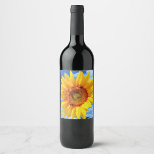 Yellow Sunflower and Bees on Blue Sky - Summer Day Wine Label