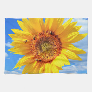 Yellow Sunflower and Bees on Blue Sky - Summer  Kitchen Towel