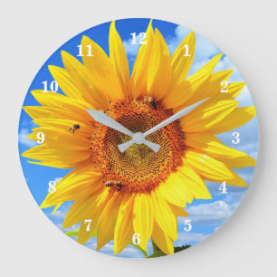 Yellow Sunflower and Bees on Blue Sky - Summer  Large Clock