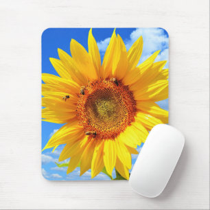 Yellow Sunflower and Bees on Blue Sky - Summer Mouse Pad