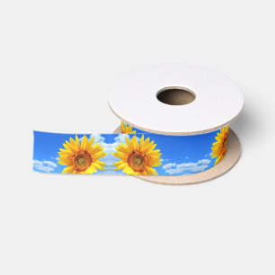 Yellow Sunflower and Bees on Blue Sky - Summer  Satin Ribbon