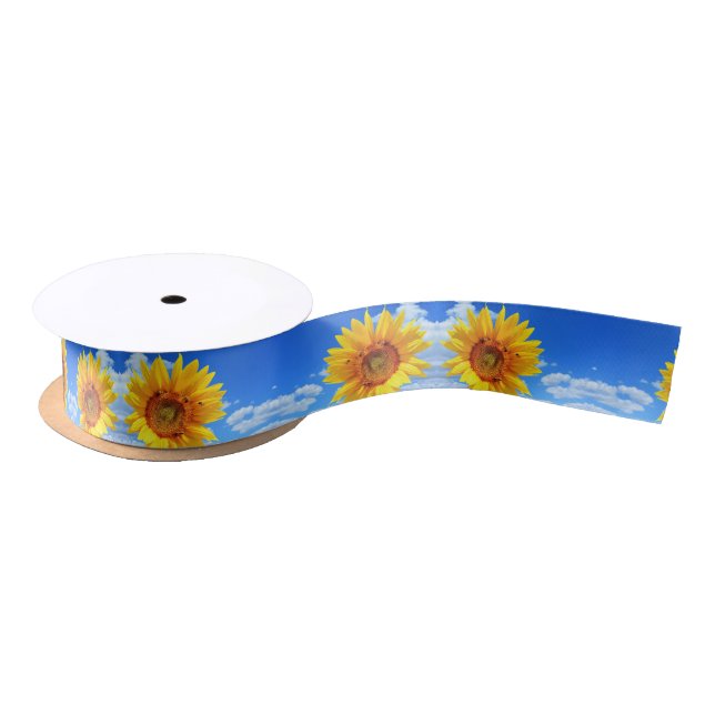 Yellow Sunflower and Bees on Blue Sky - Summer  Satin Ribbon (Spool)