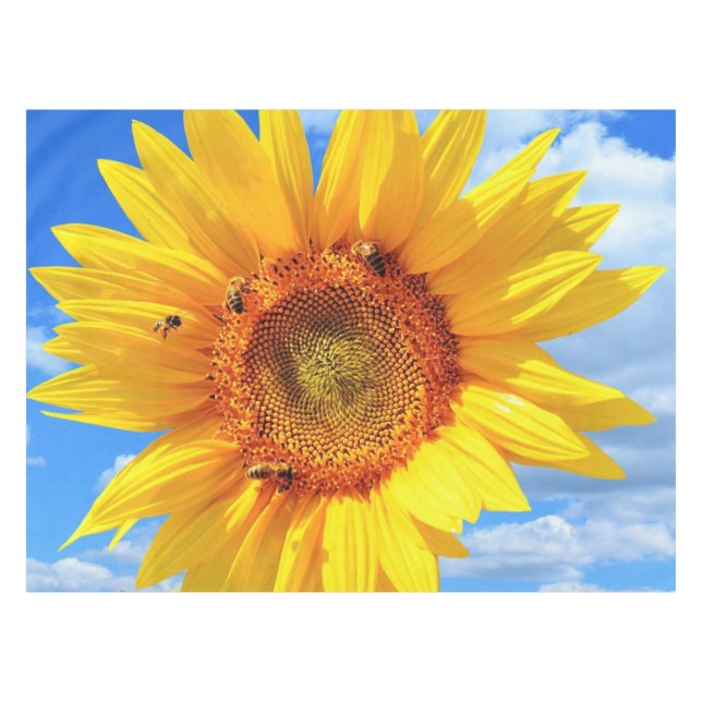 Yellow Sunflower and Bees on Blue Sky - Summer  Tablecloth (Front (Horizontal))