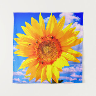 Yellow Sunflower and Bees on Blue Sky Tapestry